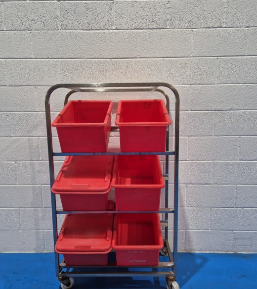 6 Storage Bins And Stainless Rack 